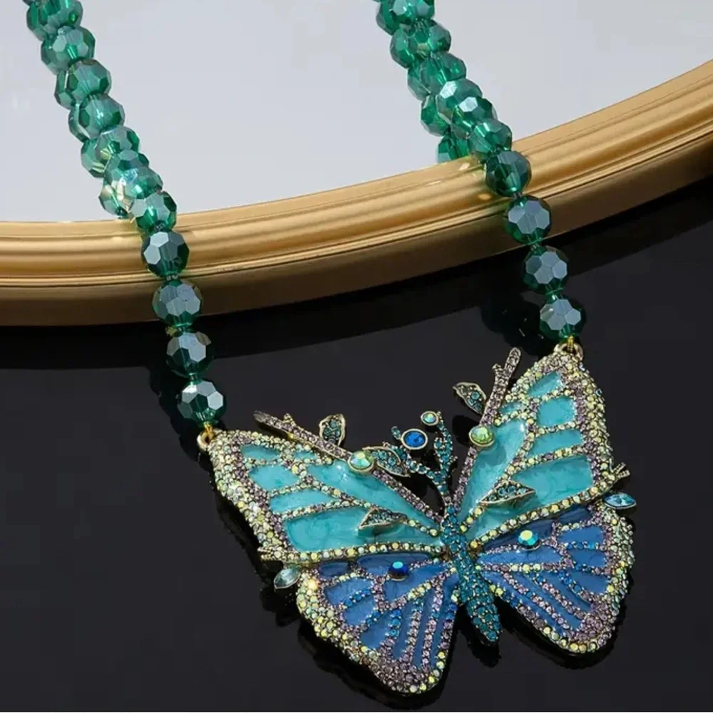 BUTTERFLY ENAMEL RHINESTONE GLASS BEADED STATEMENT NECKLACE